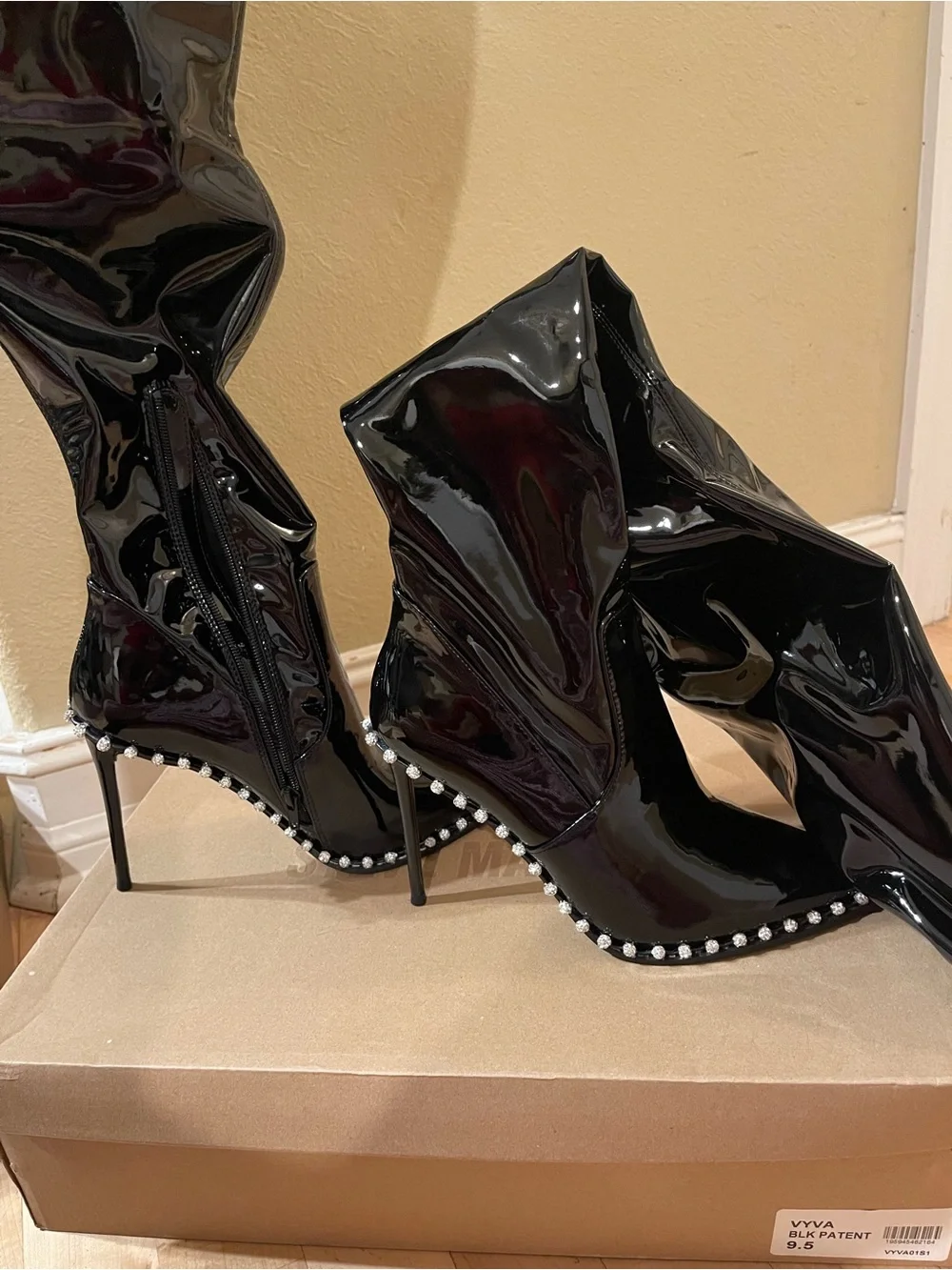 Steve Madden Vyva Black Patent Pearl-Trim Stiletto Thigh-High Boots